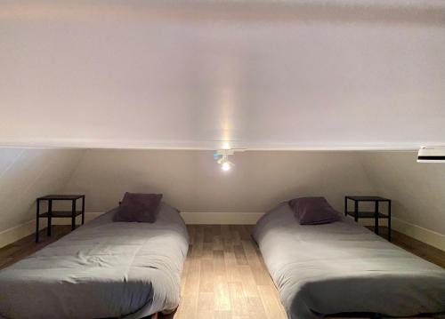 BreezandDe Parel B&B的墙上有彩虹的房间里设有两张床