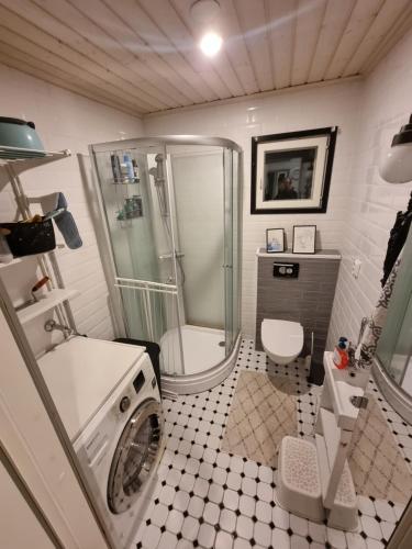 VaajakoskiHoliday home Korpraali by Päijänne-lake的带淋浴和洗衣机的浴室