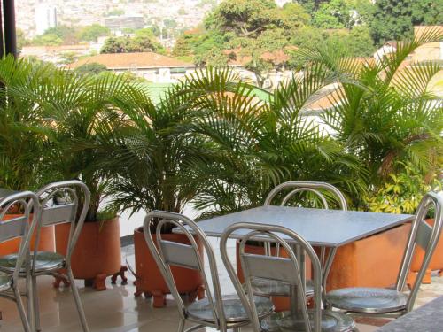 麦德林Hotel Murano Medellín的植物阳台的桌椅