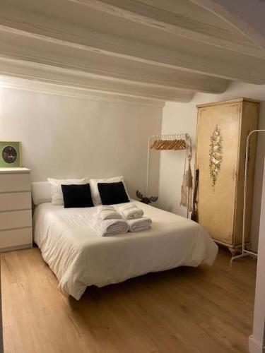 韦斯卡Apto. centro histórico Huesca的一间卧室配有一张带白色床单的大床