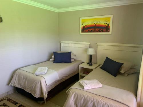 逊邱伦Dobbs Lodge的配有两张床铺的客房配有两张枕头