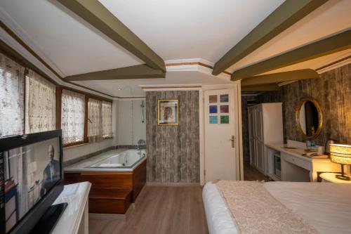 伊斯坦布尔Fuat Bey Palace Hotel & Suites的一间卧室配有一张床、一个浴缸和一台电视。