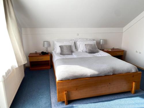 伦达瓦Fado Apartments Lendava的一间卧室配有一张带2个床头柜的大床