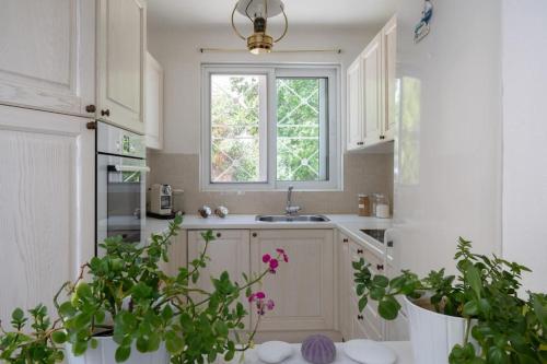 斯派赛斯Spetses Sea View Luxury House的厨房配有白色橱柜、窗户和植物