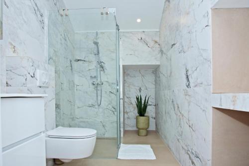 萨格勒布鲜花顶级公寓和客房旅馆的一间带卫生间和淋浴的浴室