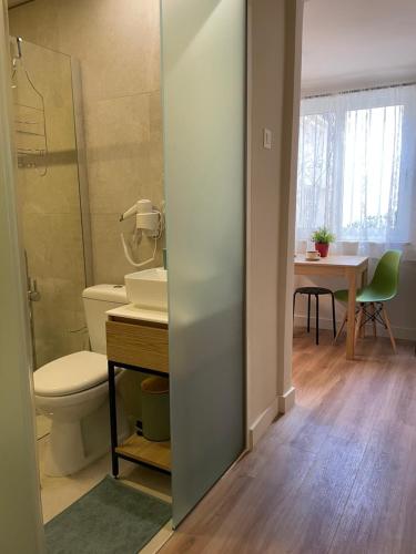 雅典ak apartments的一间带卫生间、水槽和桌子的浴室