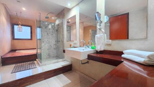 圣达菲House Park Hotel Boutique的带淋浴、盥洗盆和浴缸的浴室