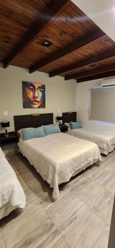 帕索德洛斯利布雷斯Nomades Apartamentos的一间带两张床的卧室,位于木天花板的房间