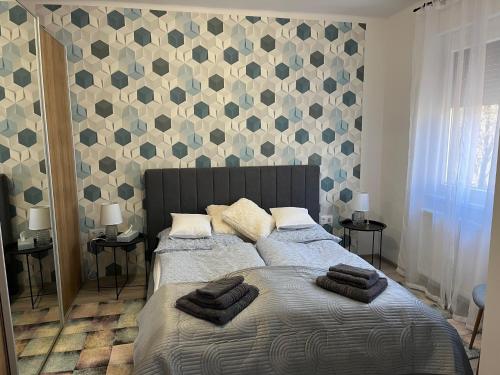 霍德梅泽瓦沙海伊Móriczka Apartman的一间卧室配有带毛巾的床