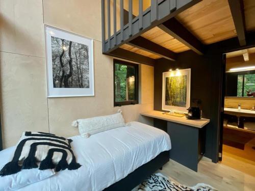 JurbiseUtopia Village - Art & Nature Lodges的一间卧室配有一张床、一张桌子和一个水槽