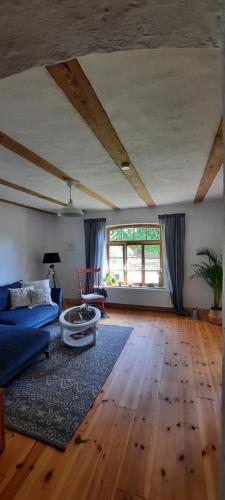 FürstenhofLandhaus Fürstenhof的客厅设有蓝色的沙发和木地板