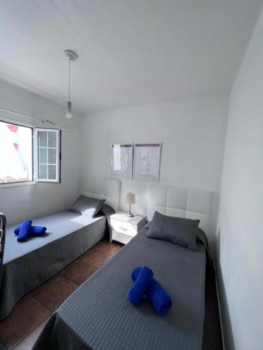 塞博河畔卡莱塔La casita de Yolanda的两张床铺,带两个蓝色枕头