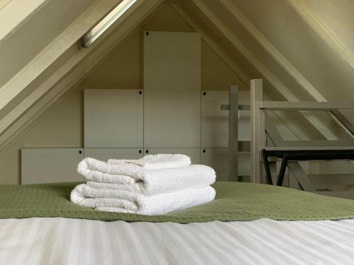 BeilenVakantiehuis Bed en Breakfast in de Tuin的床上的一大堆毛巾
