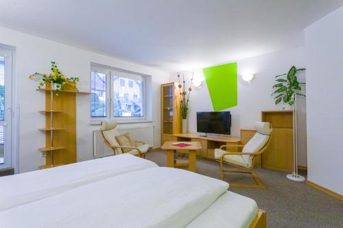 利托米什尔克劳斯旅馆的一间卧室配有一张床、一张书桌和一台电视。