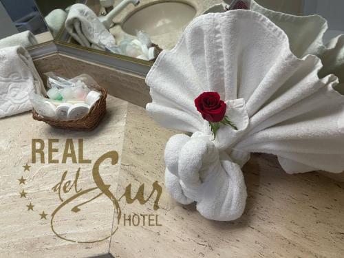 墨西哥城Hotel Real del Sur的浴室柜台上带玫瑰的白色毛巾