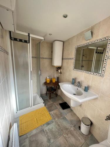 芒通Maisonnette avec escalier的一间带水槽和淋浴的浴室