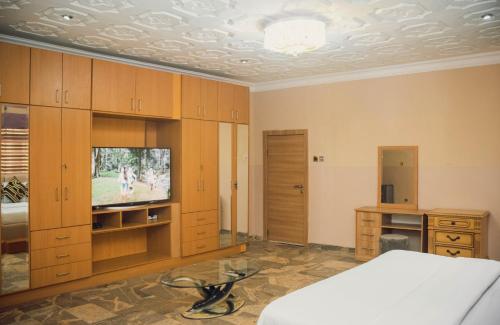 阿布贾J's Place的一间卧室配有一张床和一台电视。