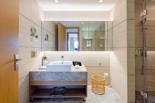 苏州苏州阳澄湖套房假日酒店的一间带水槽和镜子的浴室