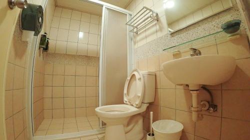 彰化市心旅地圖青年旅館的浴室配有卫生间、盥洗盆和淋浴。