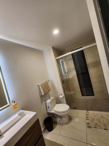 瓜达拉哈拉departamento hermosa vista y a 7 minutos del auditorio telmex的浴室配有卫生间、盥洗盆和淋浴。