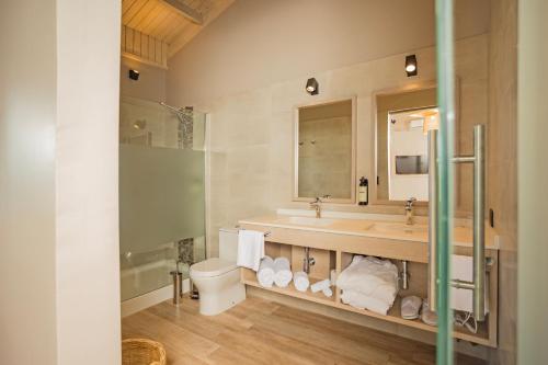 安加罗阿Hotel Ohana Rapa Nui的一间带水槽、卫生间和镜子的浴室