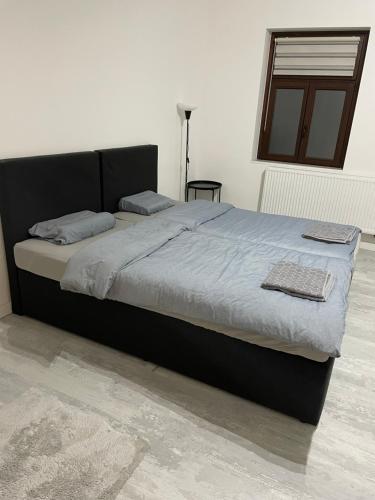卡塞尔Place to sleep - Kassel: Direkt an der Uni的一间卧室配有一张带蓝色床单的大床
