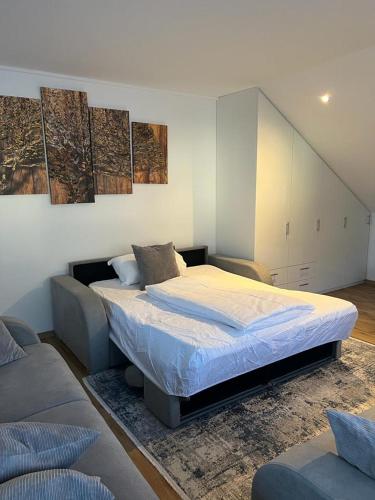 费尔德基希Ferienwohnung Alpina的一间卧室配有一张大床和一张沙发