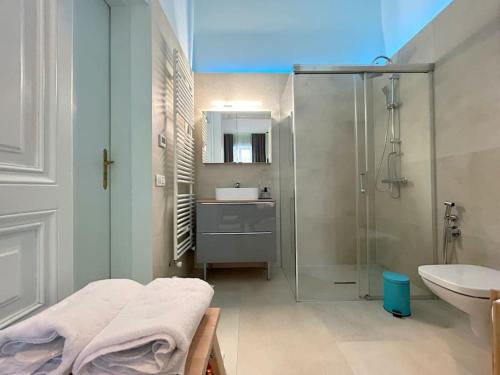 蒂米什瓦拉Victory Apartment的带淋浴和盥洗盆的浴室