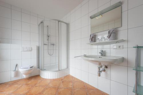 卡普伦乔治木屋的带淋浴、盥洗盆和卫生间的浴室