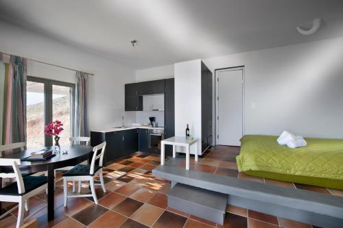斯基罗斯岛Villa Lino的配有床和桌子的房间以及厨房