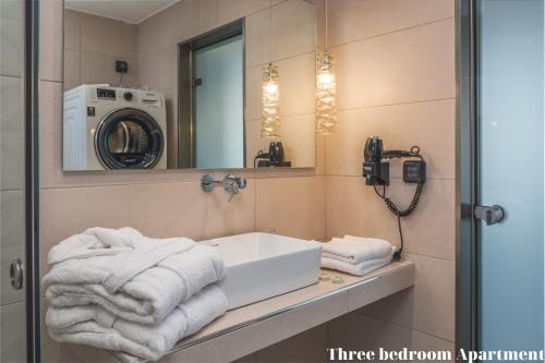 蒂锡利维Dionisos Luxury Suites的一间带水槽和洗衣机的浴室