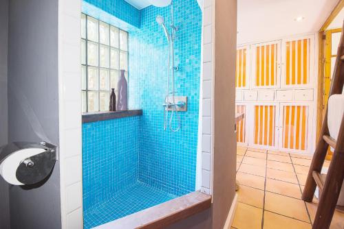 阿尔盖达Ca na Tinta的浴室设有蓝色瓷砖淋浴。