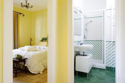 坎帕尼亚诺·迪罗马Agriturismo Potrero Grande的一间卧室配有一张床、一个水槽和淋浴