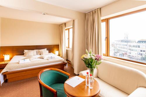 Vratsa赫姆斯酒店 - 瓦拉特萨的酒店客房带一张床、一张桌子和椅子