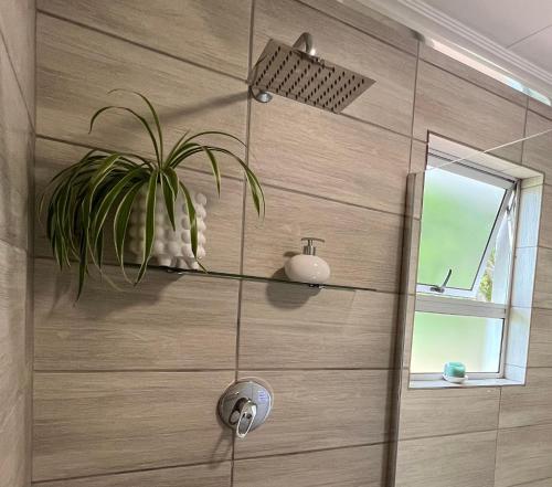 DalmadaPan's Breeze Overnight Accommodation的墙上植物淋浴的浴室