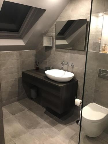 伯肯黑德Redstone Rise Luxury house sleeps 7的一间带水槽和卫生间的浴室