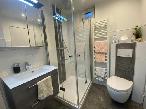埃施韦格发散能豪夫酒店的带淋浴、卫生间和盥洗盆的浴室