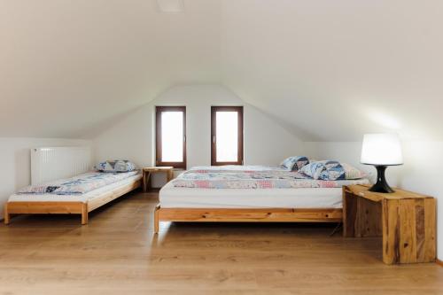 Valea TîrneiRose Hip Hill Guesthouse的带2扇窗户的客房内的2张床