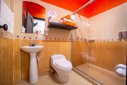 拉特瓦伊达LA GRANJA ECOHOTEL的浴室配有卫生间、盥洗盆和淋浴。