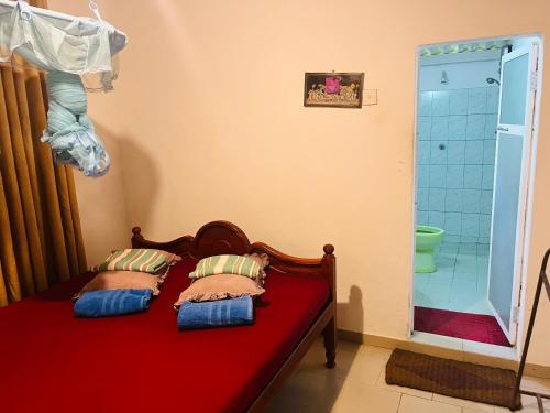 代尼耶耶Sinharaja Tour Hostel的一间卧室配有红色的床和两个枕头