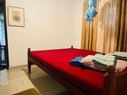 代尼耶耶Sinharaja Tour Hostel的红色毯子的房间的一张床位