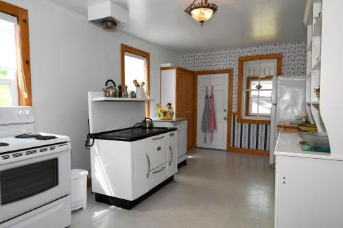 佩尔塞Maison de Percé的白色的厨房配有炉灶和冰箱。