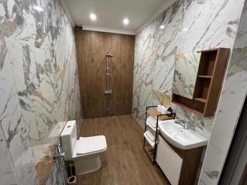 KostinbrodElegant and cozy room ARAKS的浴室配有卫生间、盥洗盆和淋浴。