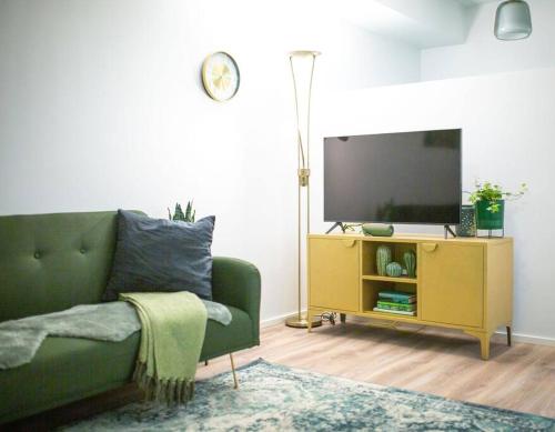 库奥皮奥New studio apartment with free parking的客厅配有绿色沙发和电视