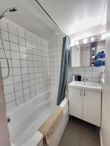 温哥华Sunshine Suite的带浴缸、水槽和淋浴的浴室