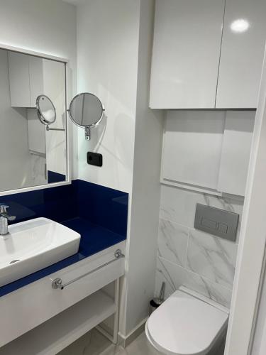 巴统The best beach aparthotel Orbi city Batumi的一间带水槽、卫生间和镜子的浴室