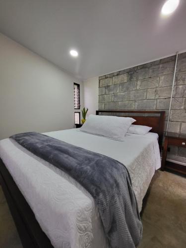 埃雷迪亚Casa del Café - Loft的一间卧室设有一张大床和石墙