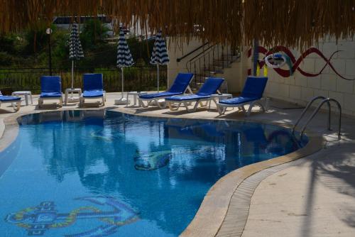 锡德Side Boutique Hotel的一个带蓝色躺椅的游泳池和一个游泳池