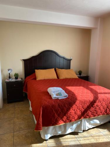 克萨尔特南戈Apartamento #3 Portal de Occidente的一间卧室配有红色的床和红色毯子