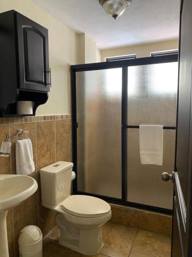 克萨尔特南戈Apartamento #6 Portal de Occidente的一间带卫生间和玻璃淋浴间的浴室